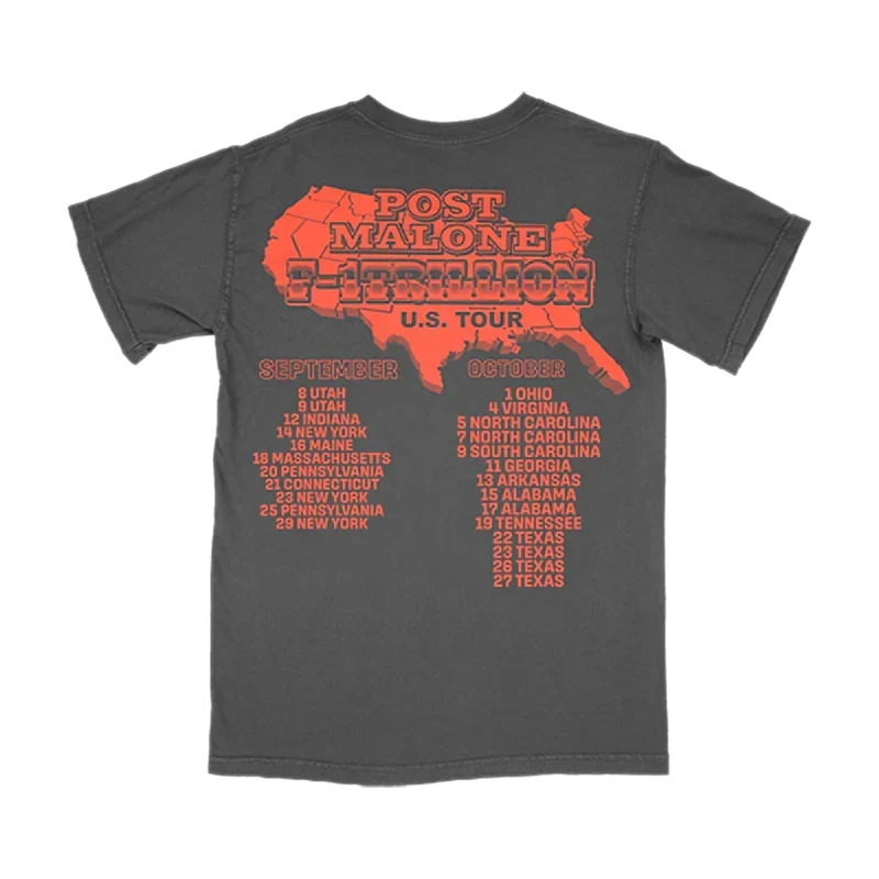 Washed black Post Malone F-1 Trillion Outlaw tour tee back with a red US map and full tour dates