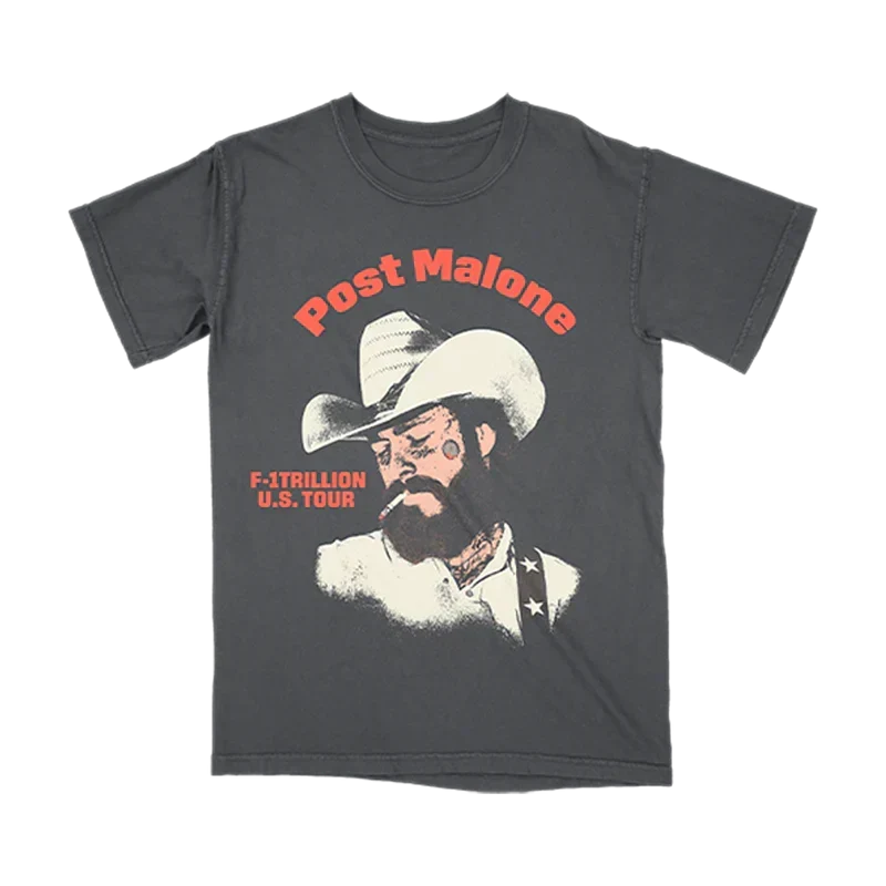 Washed black Post Malone F-1 Trillion Outlaw tour tee with a cowboy illustration and red lettering