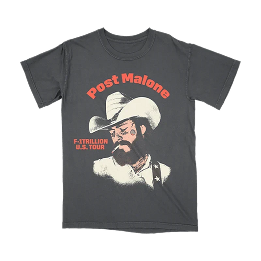 Washed black Post Malone F-1 Trillion Outlaw tour tee with a cowboy illustration and red lettering
