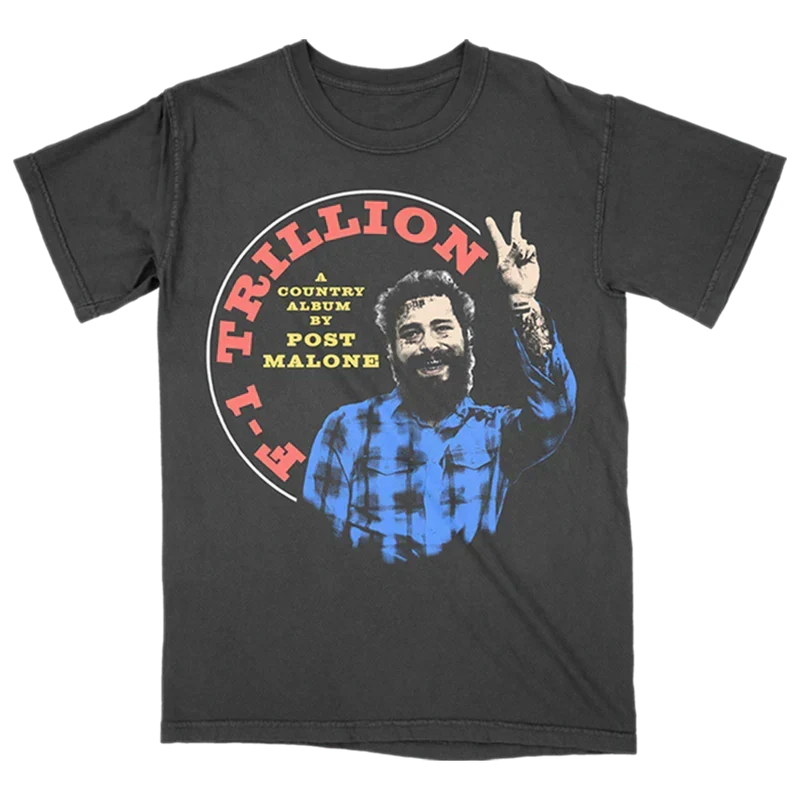 Charcoal Post Malone F-1 Trillion peace graphic tee with a plaid shirt photo in a red circular logo