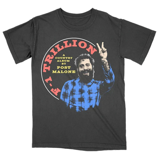 Charcoal Post Malone F-1 Trillion peace graphic tee with a plaid shirt photo in a red circular logo