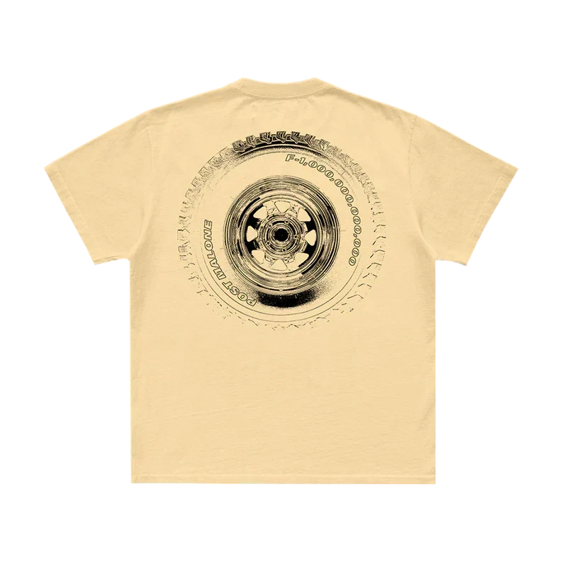 Cream Post Malone F-1 Trillion stacked tee back with a chrome wheel graphic in circular lettering