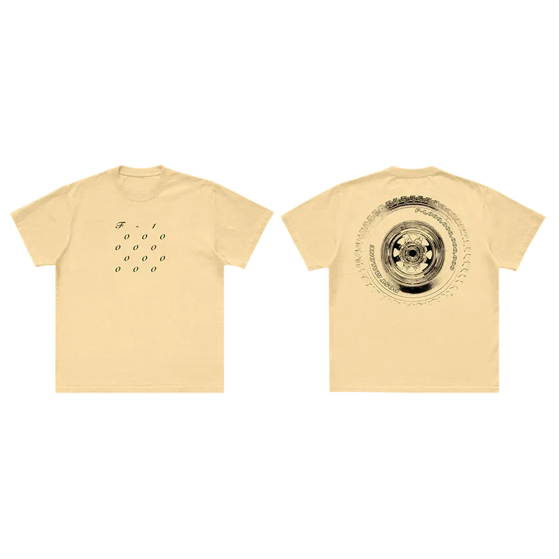 Cream Post Malone F-1 Trillion stacked tee shown front and back with tire and stacked text graphics