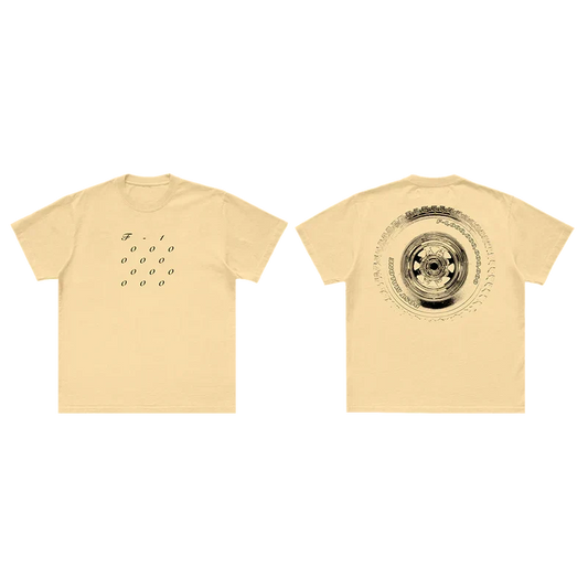 Cream Post Malone F-1 Trillion stacked tee shown front and back with tire and stacked text graphics