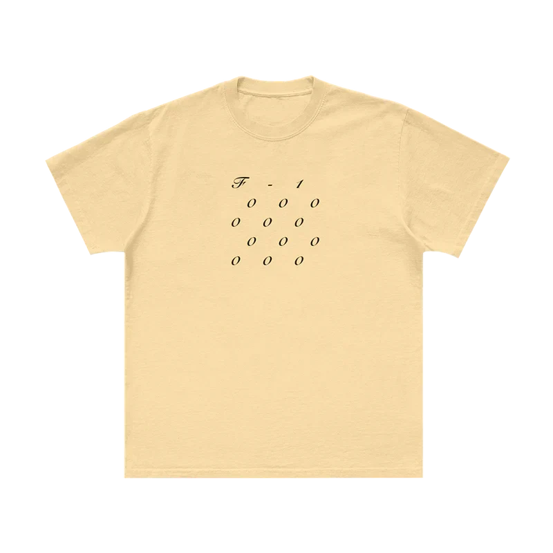 Cream Post Malone F-1 Trillion stacked tee with small stacked F-1 zeros lettering on the chest