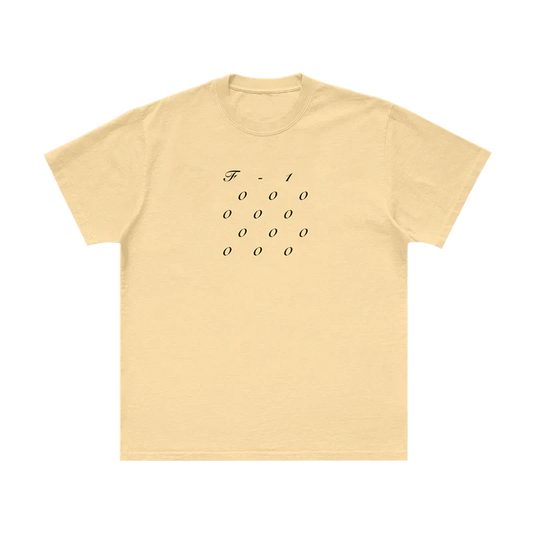 Cream Post Malone F-1 Trillion stacked tee with small stacked F-1 zeros lettering on the chest