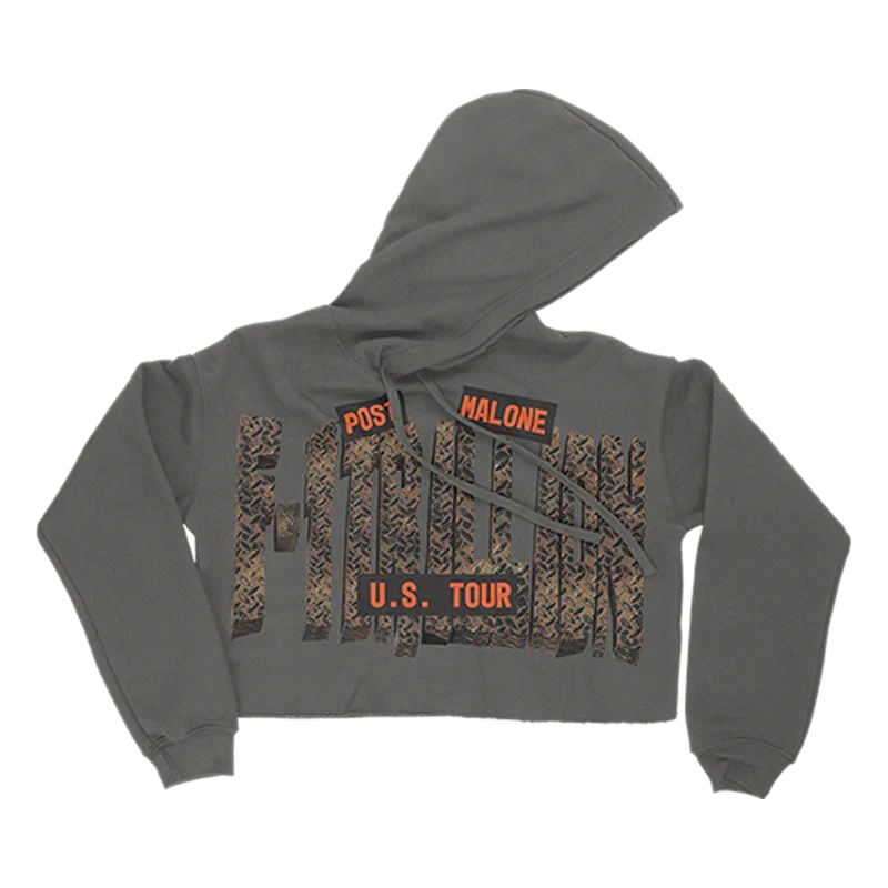 Grey Post Malone F-1 Trillion tour cropped hoodie with US tour lettering printed across the back