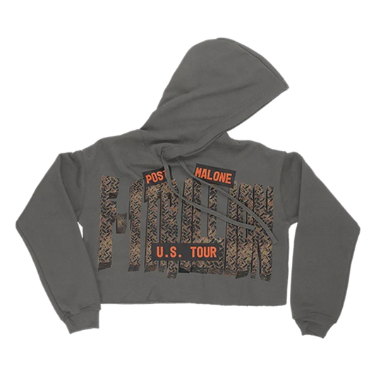 Grey Post Malone F-1 Trillion tour cropped hoodie with US tour lettering printed across the back