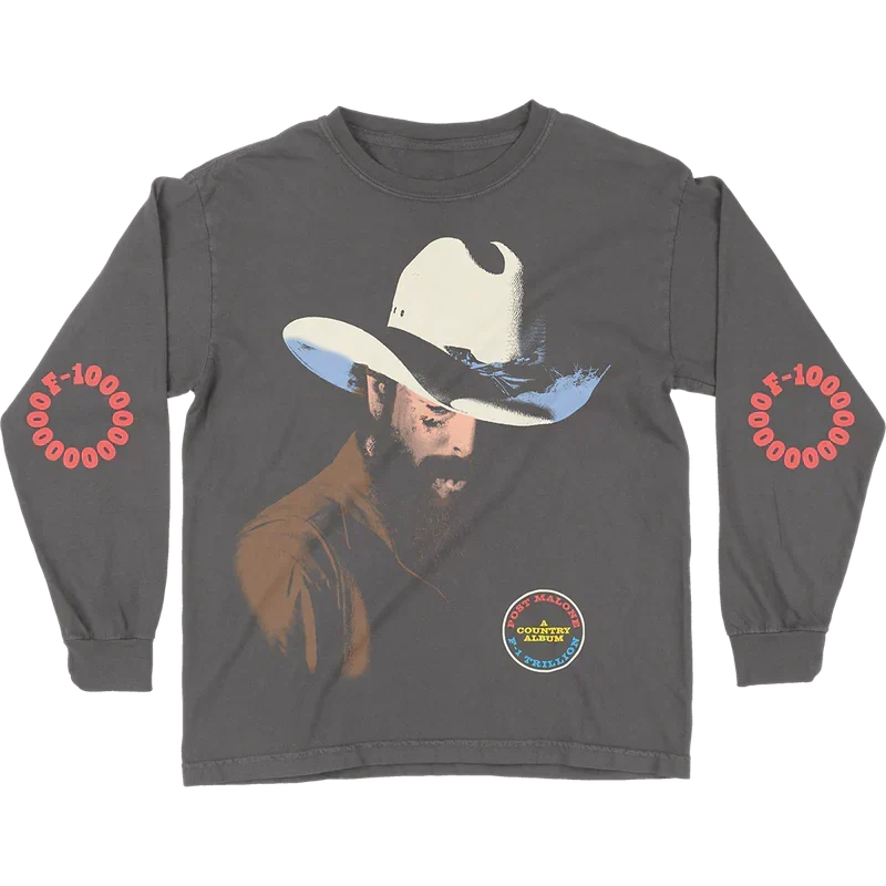 Charcoal Post Malone F-1 Trillion western long sleeve with a cowboy hat portrait and red sleeve prints