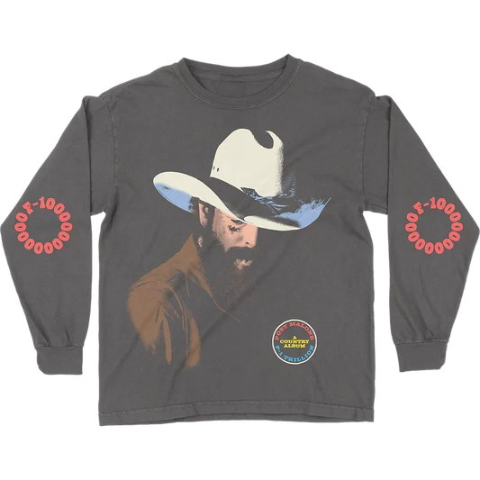 Charcoal Post Malone F-1 Trillion western long sleeve with a cowboy hat portrait and red sleeve prints