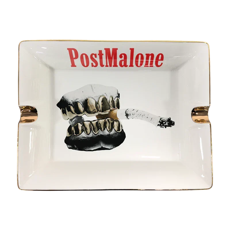 White Post Malone Go Flex collectible ashtray with gold trim and grill artwork under red lettering