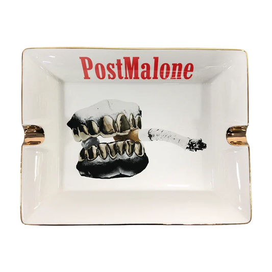 White Post Malone Go Flex collectible ashtray with gold trim and grill artwork under red lettering