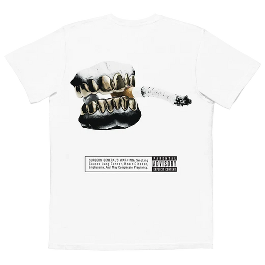 White Post Malone Go Flex vintage tee back with a gold grill graphic and warning label print