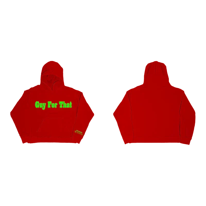 Red Post Malone Guy For That hoodie shown front and back with green lettering across the chest