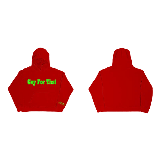 Red Post Malone Guy For That hoodie shown front and back with green lettering across the chest