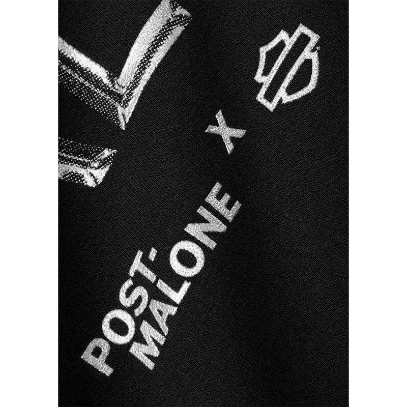 Close-up of the Post Malone x Harley-Davidson hoodie print with the bar and shield collaboration logo