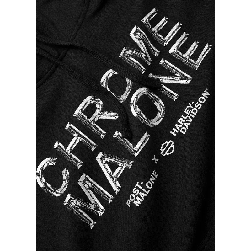 Close-up of the chrome Chrome Malone lettering on the black Post Malone x Harley-Davidson hoodie