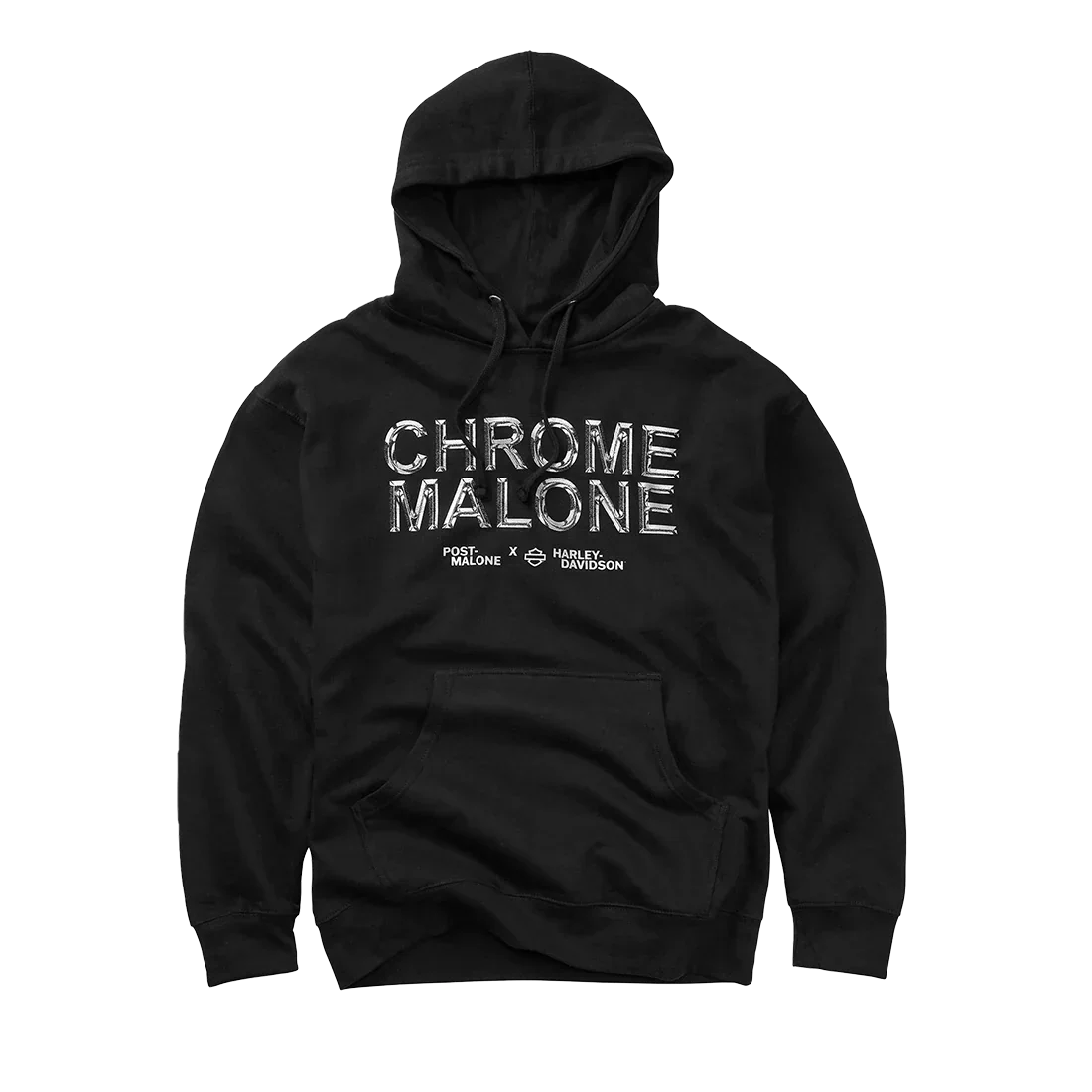 Black Post Malone x Harley-Davidson Chrome Malone hoodie with chrome lettering across the chest