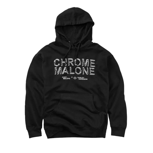 Black Post Malone x Harley-Davidson Chrome Malone hoodie with chrome lettering across the chest