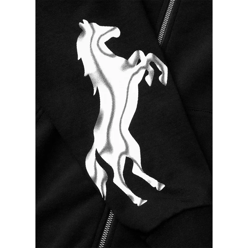 Close-up of the white rearing horse graphic on the black Post Malone x Harley-Davidson zip hoodie