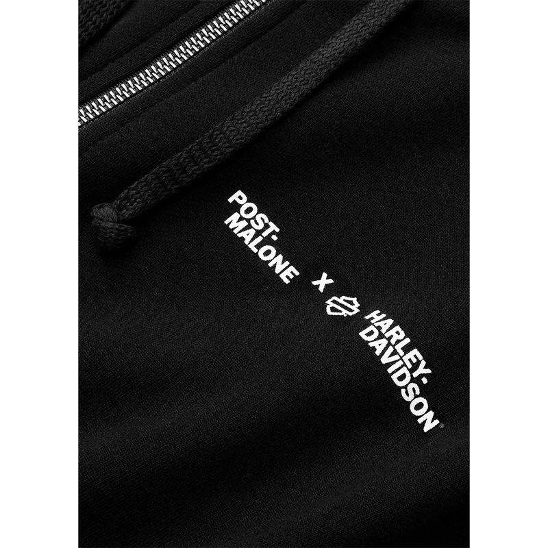 Close-up of the black Post Malone x Harley-Davidson hoodie hood with white collaboration lettering