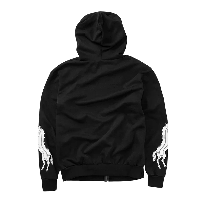 Black Post Malone x Harley-Davidson Horsepower zip hoodie back with white horse artwork on the sleeves