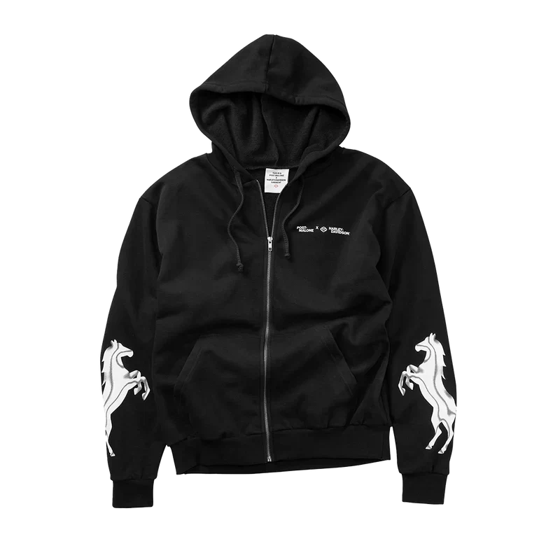Black Post Malone x Harley-Davidson Horsepower zip hoodie with white rearing horse sleeve graphics