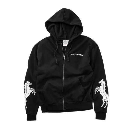 Black Post Malone x Harley-Davidson Horsepower zip hoodie with white rearing horse sleeve graphics