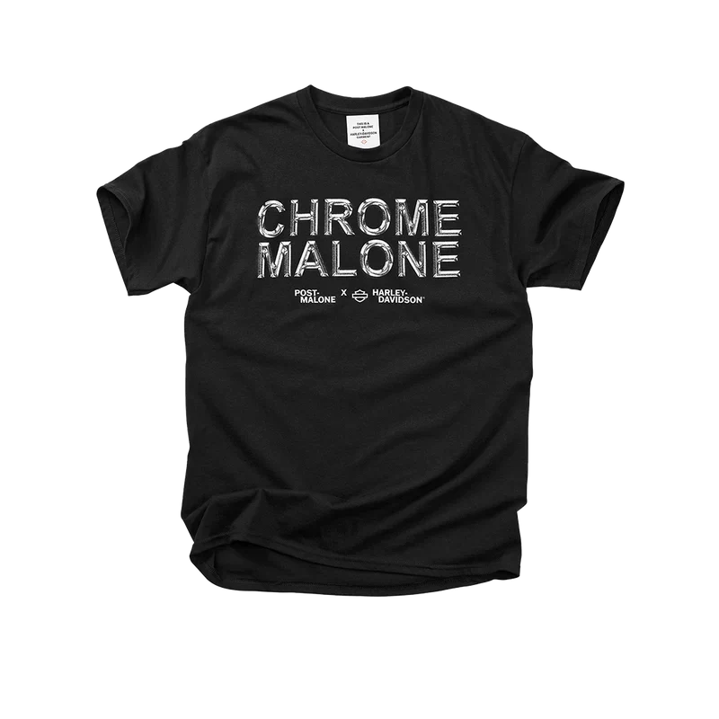 Black Post Malone x Harley-Davidson tee with chrome Chrome Malone lettering across the chest