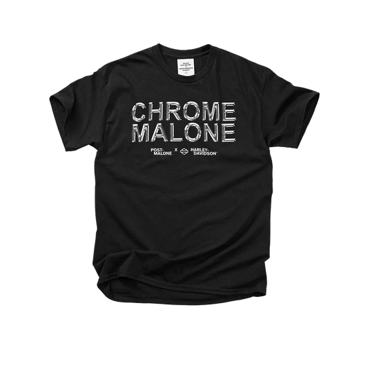 Black Post Malone x Harley-Davidson tee with chrome Chrome Malone lettering across the chest