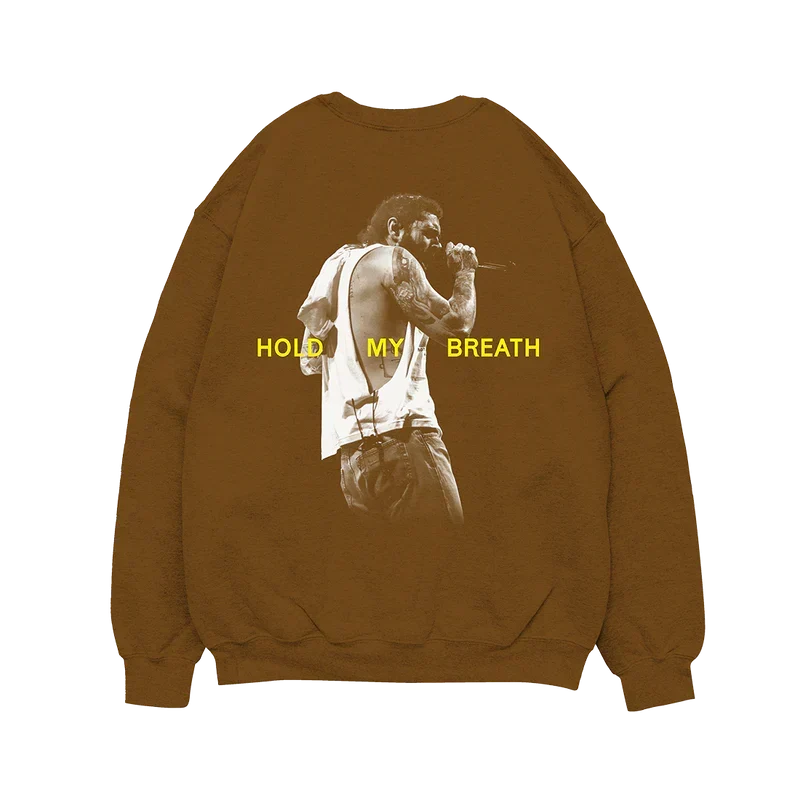 Brown Post Malone Hold My Breath crewneck back with a gold-toned performance photo and lettering