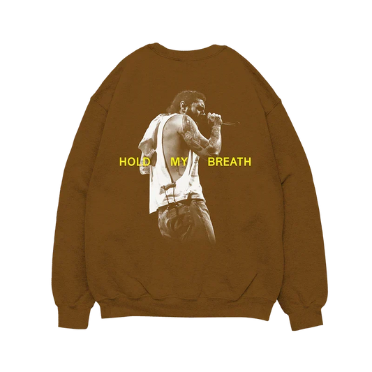 Brown Post Malone Hold My Breath crewneck back with a gold-toned performance photo and lettering
