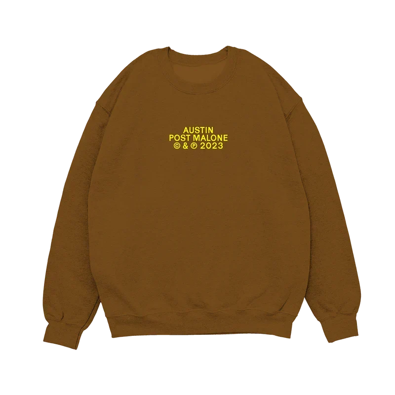 Brown Post Malone Hold My Breath crewneck with small yellow Austin album lettering on the chest