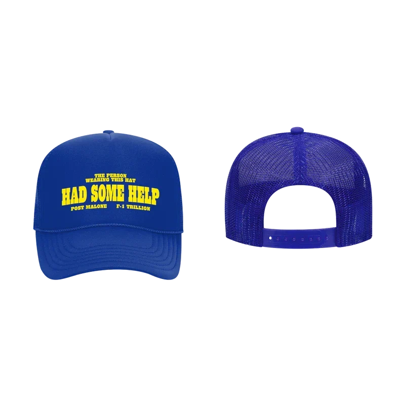 Royal blue Post Malone I Had Some Help trucker hat shown front and back with yellow lettering
