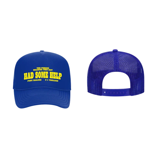Royal blue Post Malone I Had Some Help trucker hat shown front and back with yellow lettering