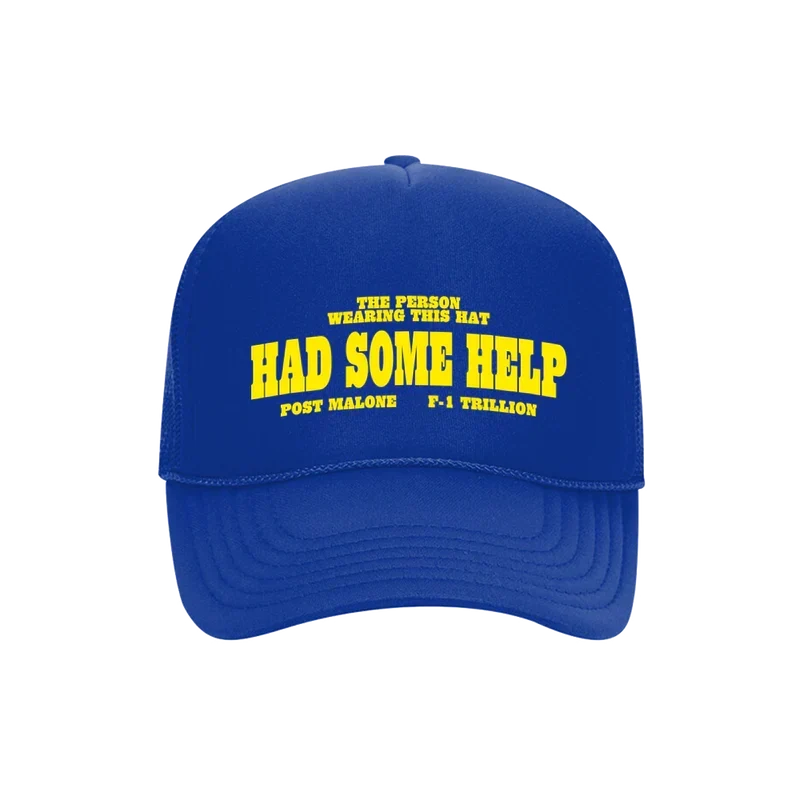 Royal blue Post Malone I Had Some Help trucker hat with yellow F-1 Trillion front panel lettering
