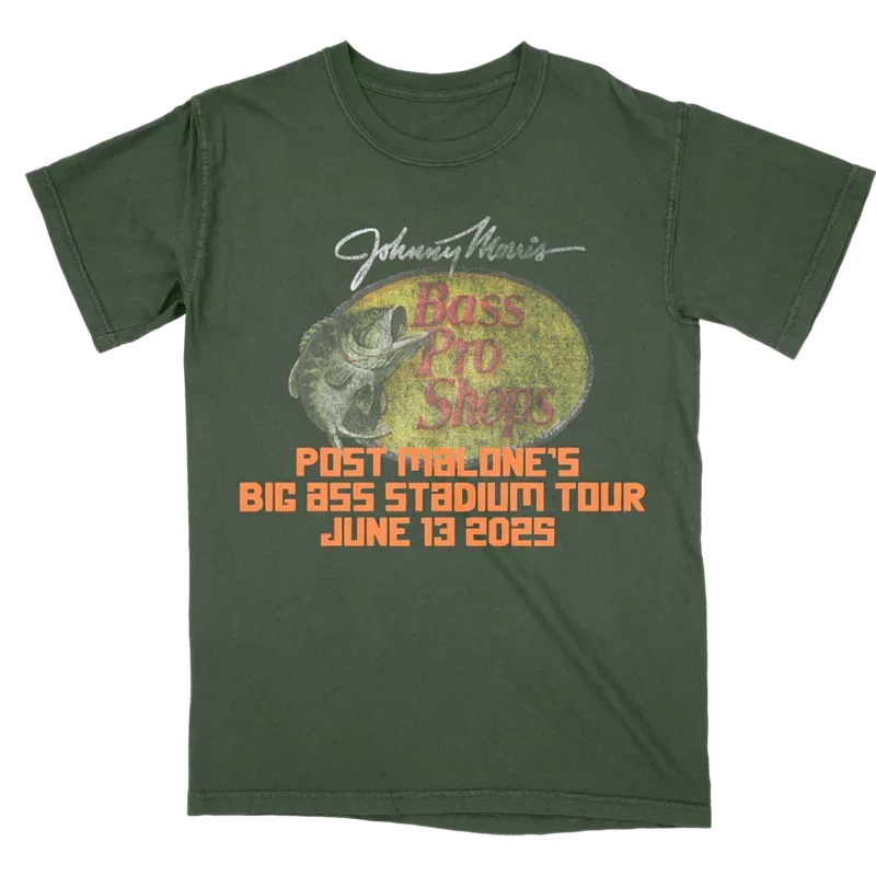 Forest green Post Malone x Bass Pro Shops tee with a bass fish logo and June 13 2025 tour lettering