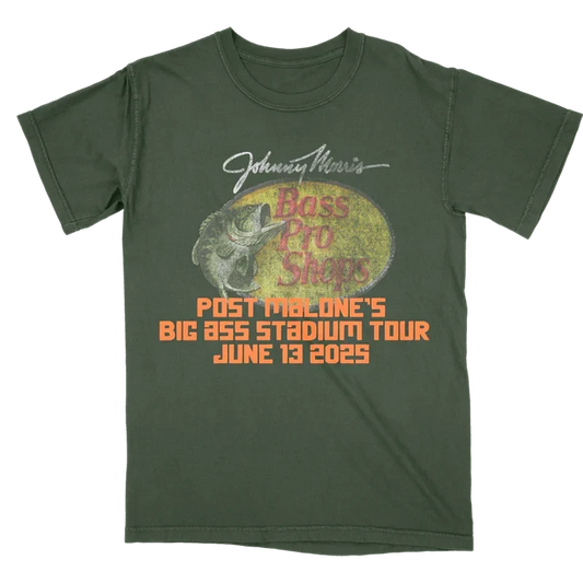 Forest green Post Malone x Bass Pro Shops tee with a bass fish logo and June 13 2025 tour lettering