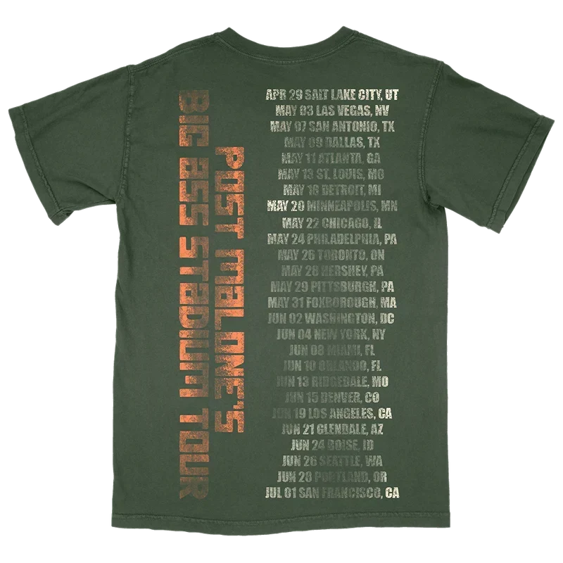 Forest green Post Malone x Bass Pro Shops tee back with vertical tour lettering and full date listing