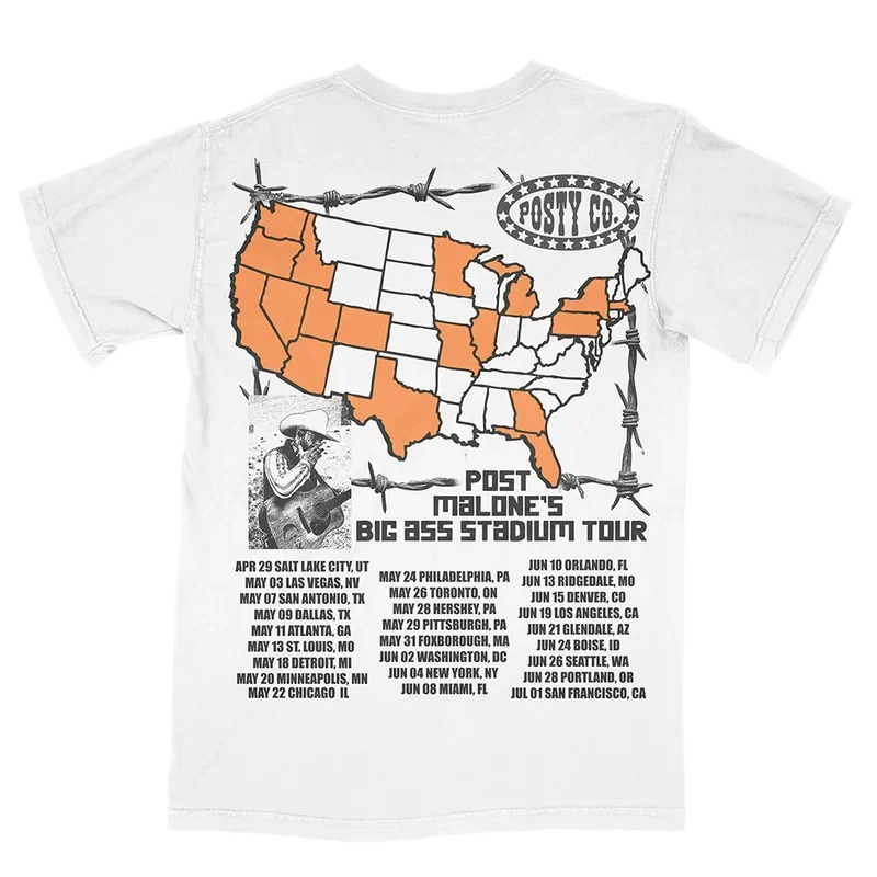 Post Malone Big Ass Stadium Tour all-over print tee back with a US map graphic and full tour dates