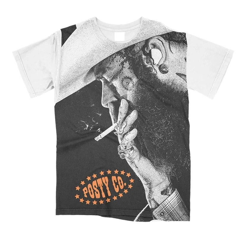 All-over print Post Malone Big Ass Stadium Tour tee with a cigarette photo and orange Posty Co arc