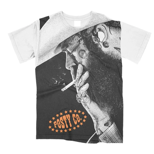 All-over print Post Malone Big Ass Stadium Tour tee with a cigarette photo and orange Posty Co arc
