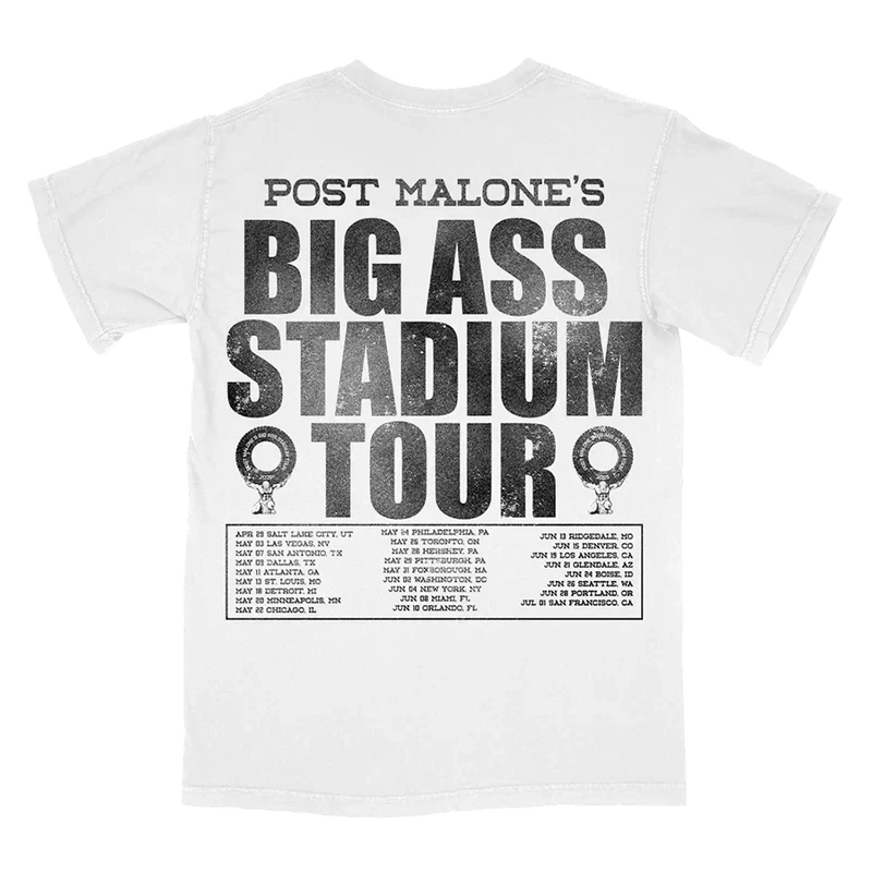 White Post Malone emoji tour tee back with Big Ass Stadium Tour lettering and the full date listing