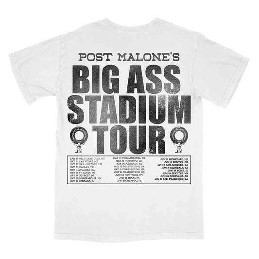White Post Malone emoji tour tee back with Big Ass Stadium Tour lettering and the full date listing