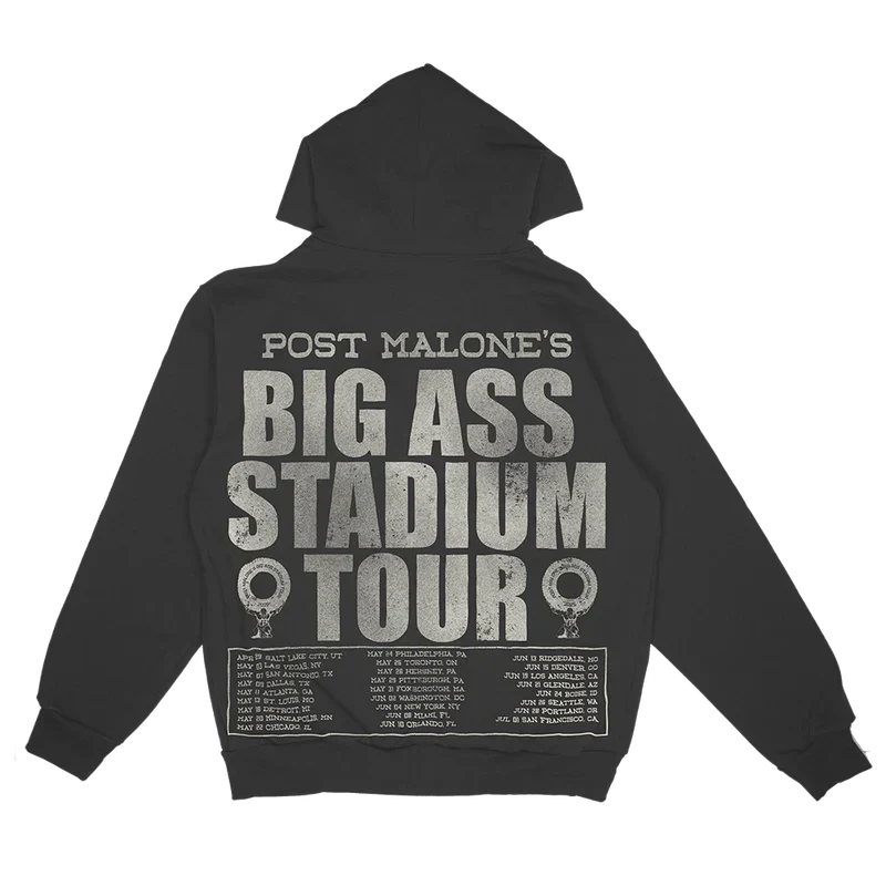 Black Post Malone Big Ass Stadium Tour zip hoodie back with tour lettering and full date listing