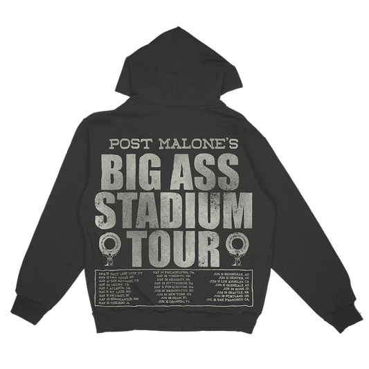 Black Post Malone Big Ass Stadium Tour zip hoodie back with tour lettering and full date listing