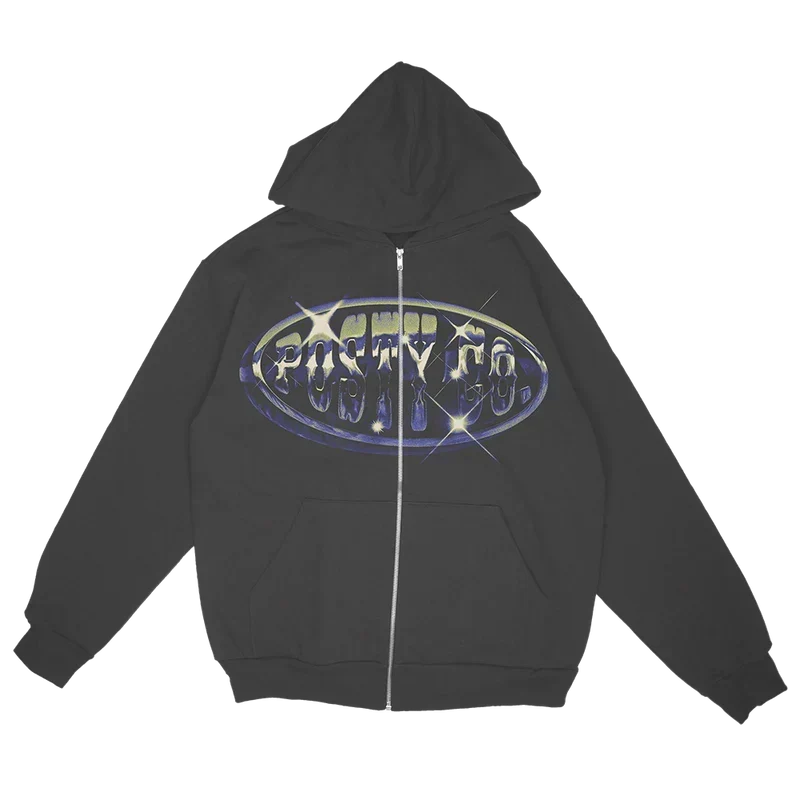 Black Post Malone Big Ass Stadium Tour zip hoodie with a chrome Posty Co oval graphic on the chest