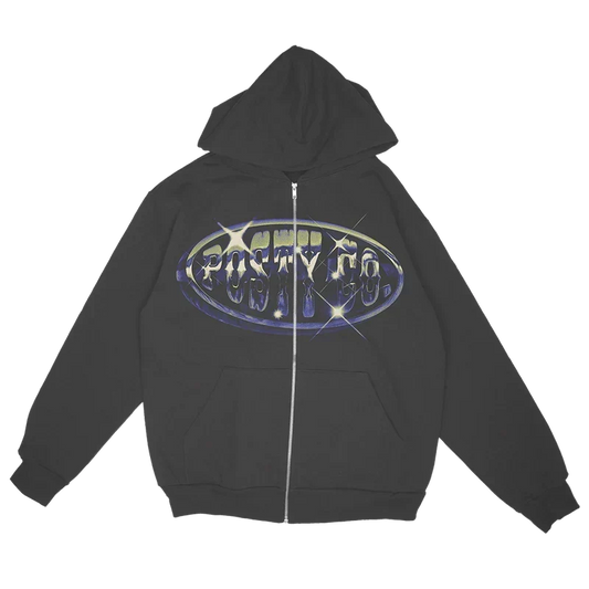 Black Post Malone Big Ass Stadium Tour zip hoodie with a chrome Posty Co oval graphic on the chest
