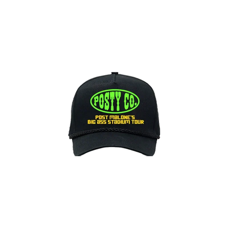 Black Post Malone Big Ass Stadium Tour hat with a neon green Posty Co oval logo on the front panel