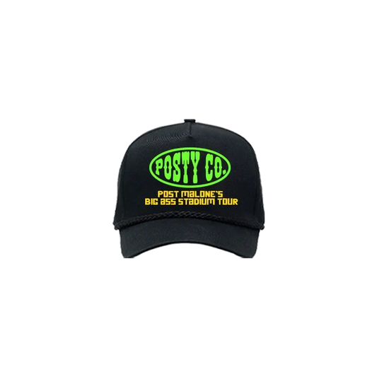 Black Post Malone Big Ass Stadium Tour hat with a neon green Posty Co oval logo on the front panel